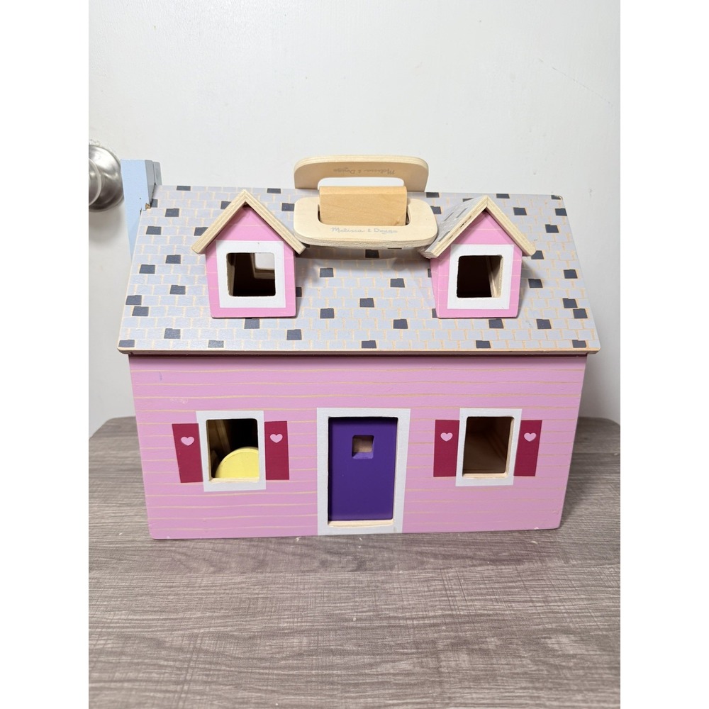 Melissa & Doug Fold & Go Wooden Dollhouse Pink w/Furniture and Dolls